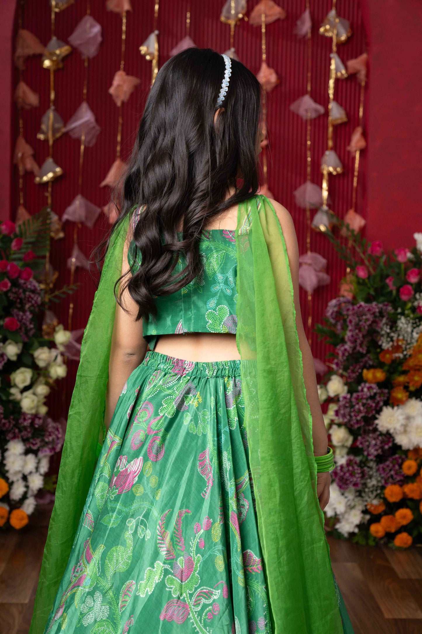 Vibrant Green Crepe Embroidered Lehenga Set For Girls