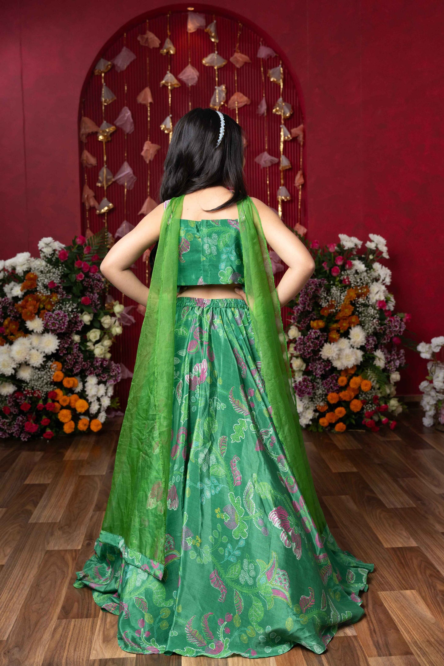 Vibrant Green Crepe Embroidered Lehenga Set For Girls
