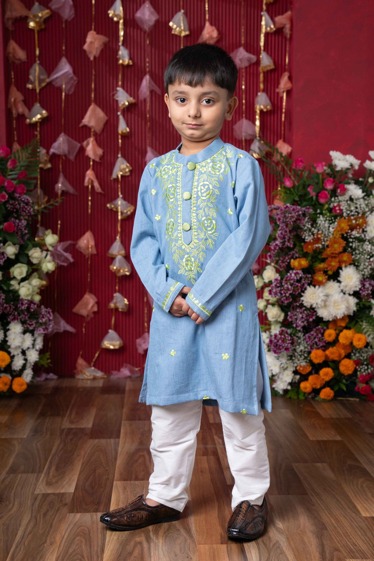 Light Blue Soft Denim Kurta with Embroidery and White Pants