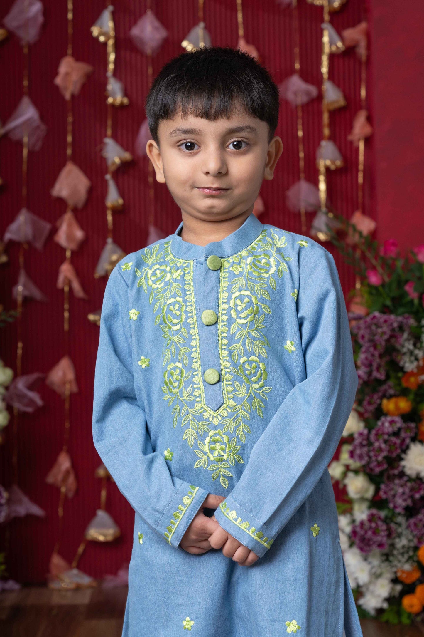 Light Blue Soft Denim Kurta with Embroidery and White Pants