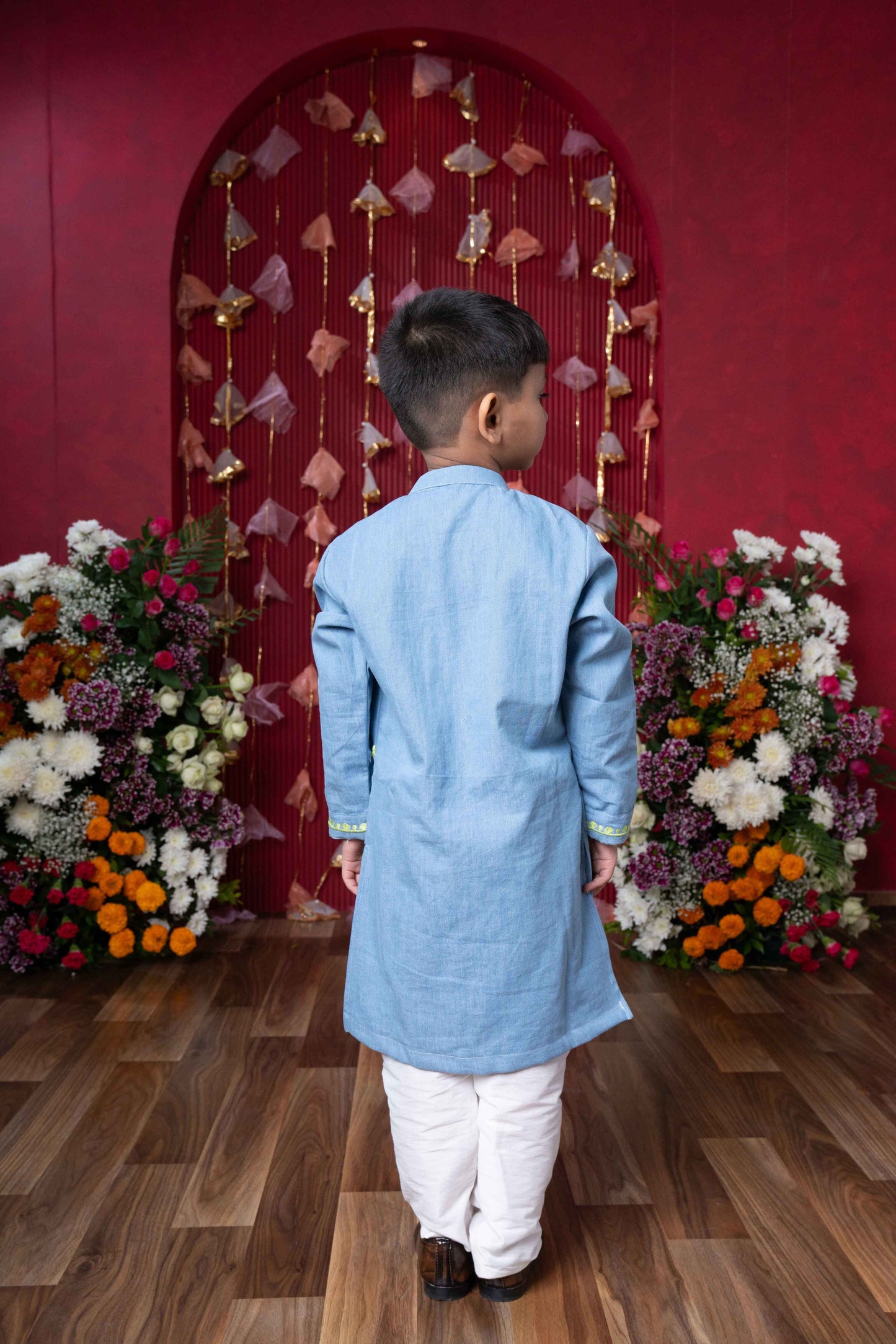 Light Blue Soft Denim Kurta with Embroidery and White Pants