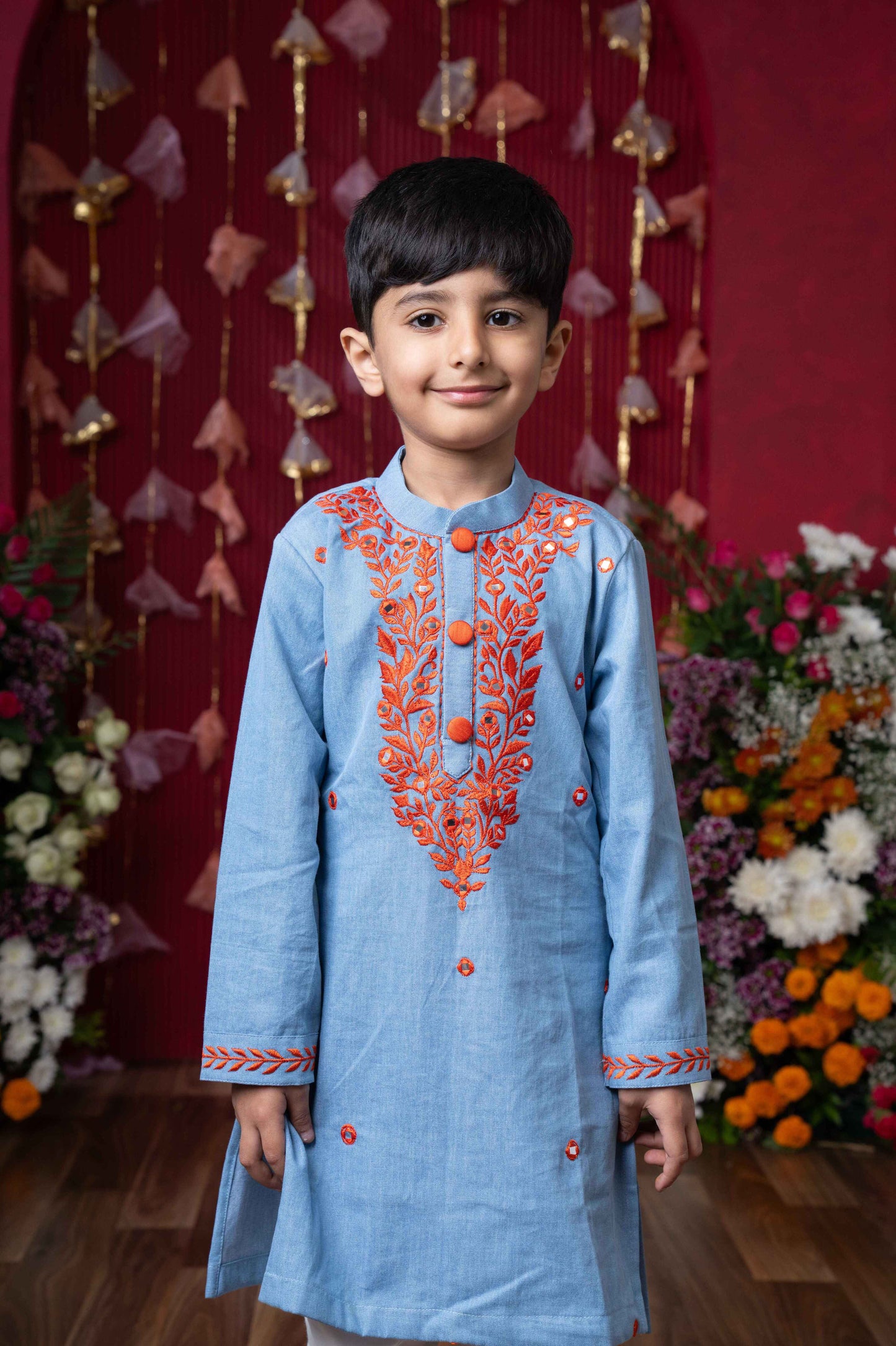 Sky Blue Soft Denim Kurta with Embroidery and White Pants