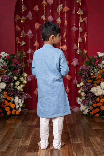 Sky Blue Soft Denim Kurta with Embroidery and White Pants