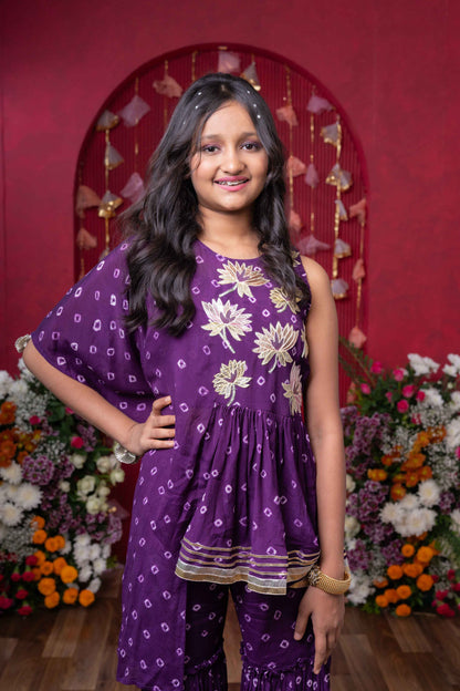 Purple Crepe Chiffon Embellished Sharara Set For Girls