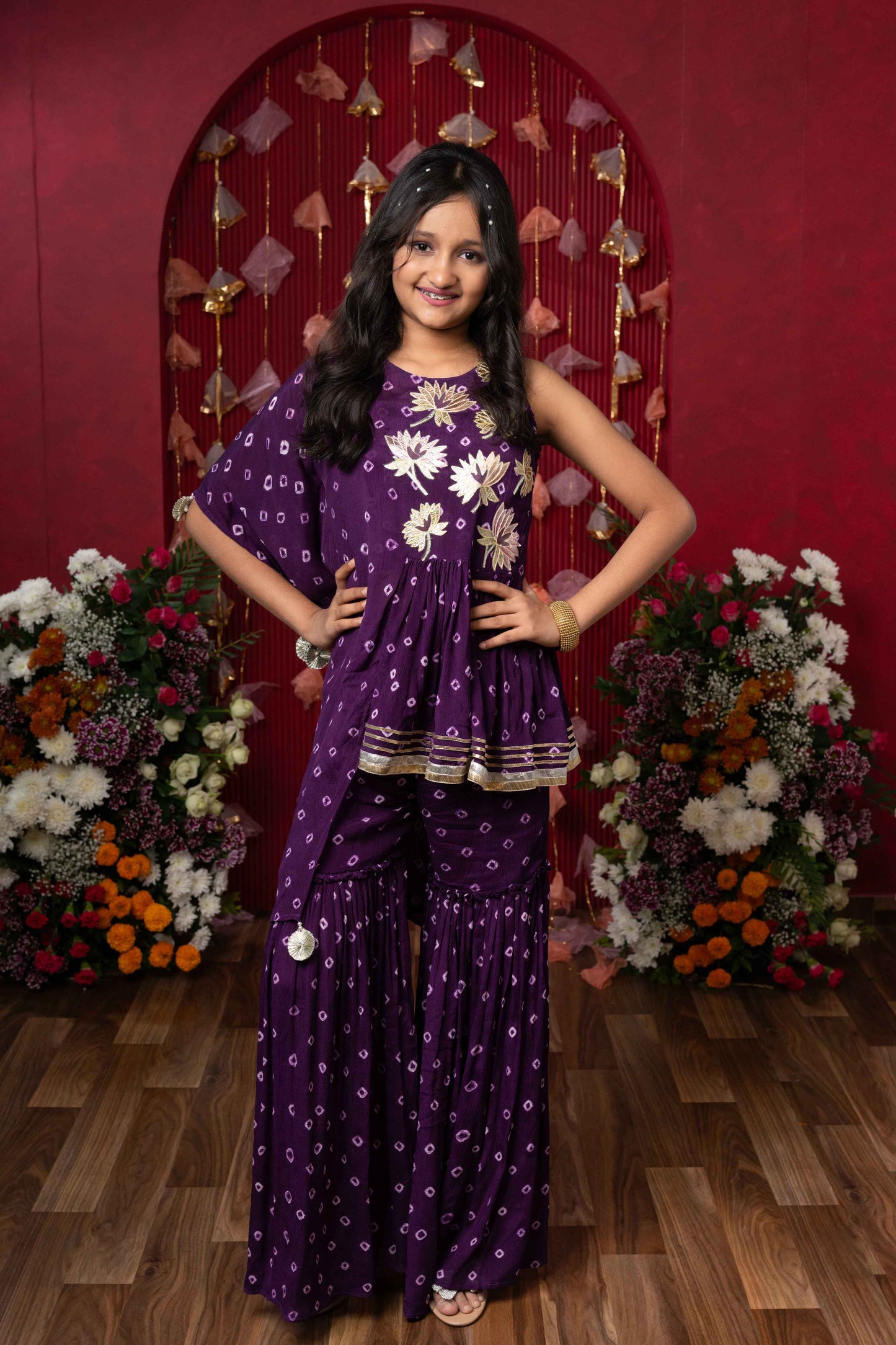 Purple Crepe Chiffon Embellished Sharara Set For Girls