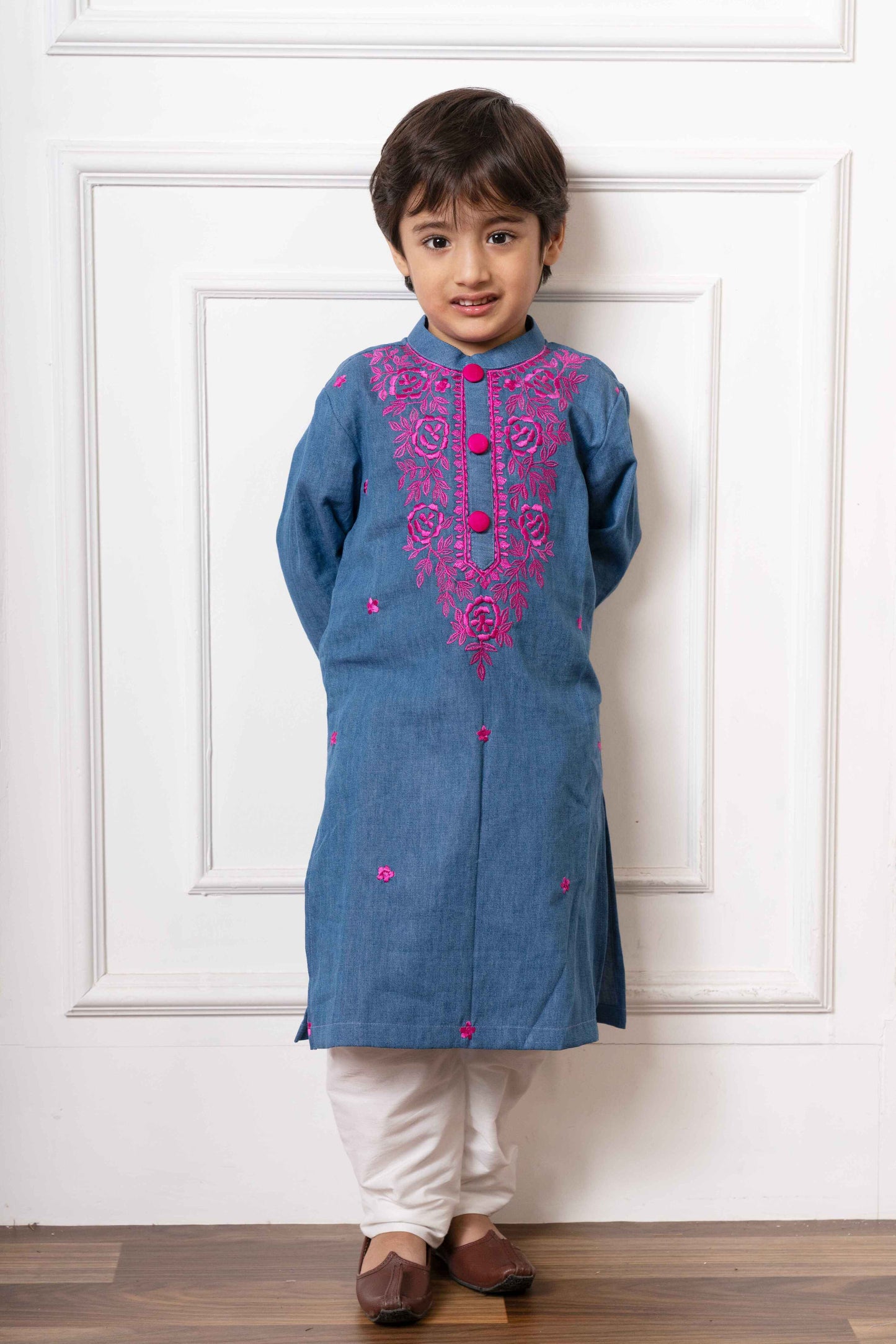 Blue Soft Denim Kurta with Pink Embroidery and White Pants