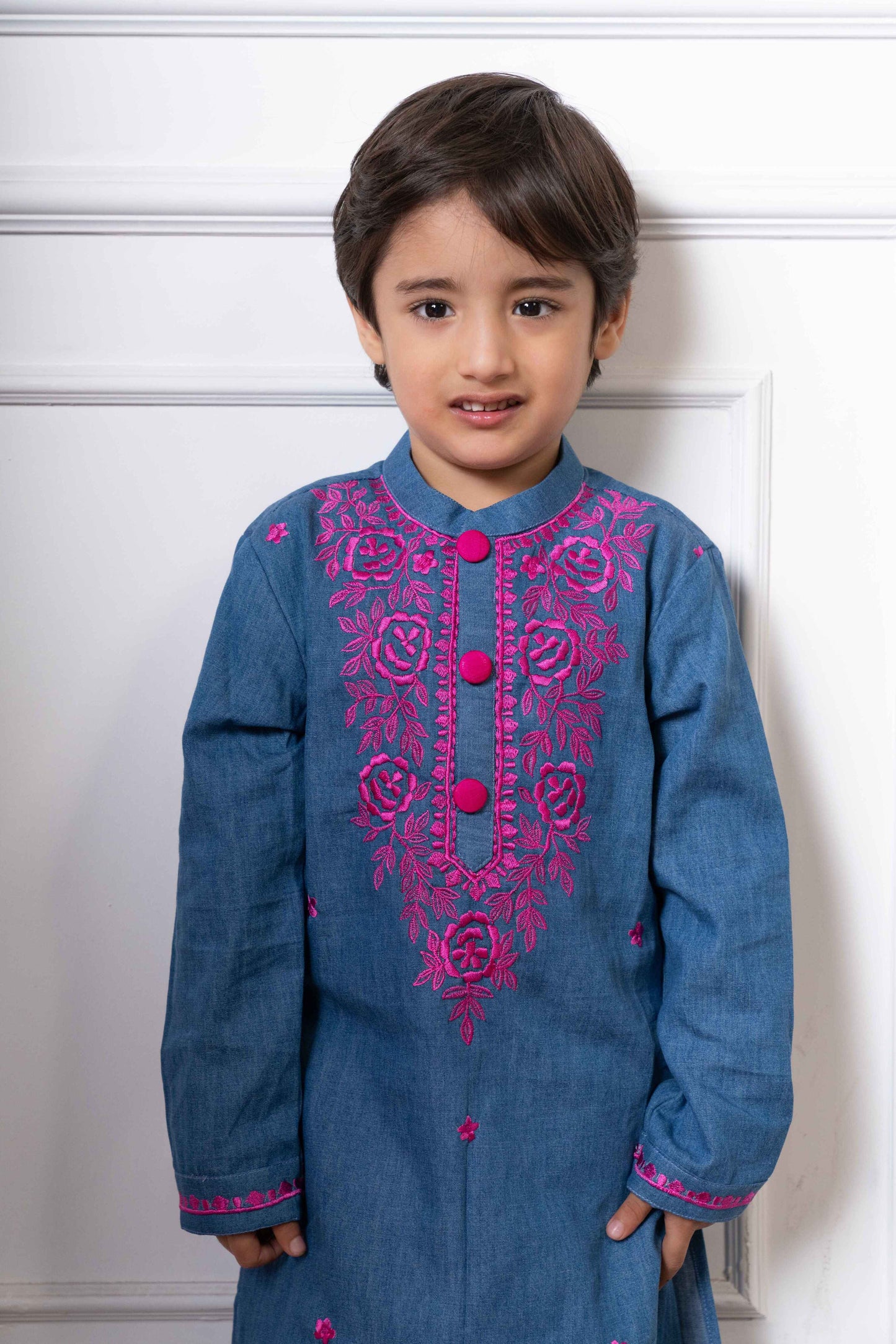 Blue Soft Denim Kurta with Pink Embroidery and White Pants
