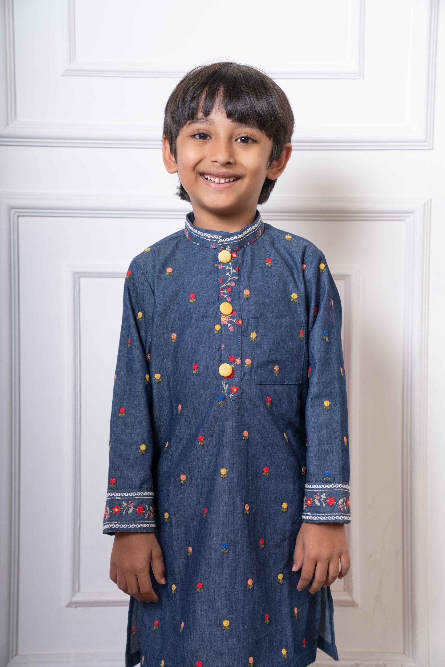Denim Blue Embroidered Kurta with White Pants