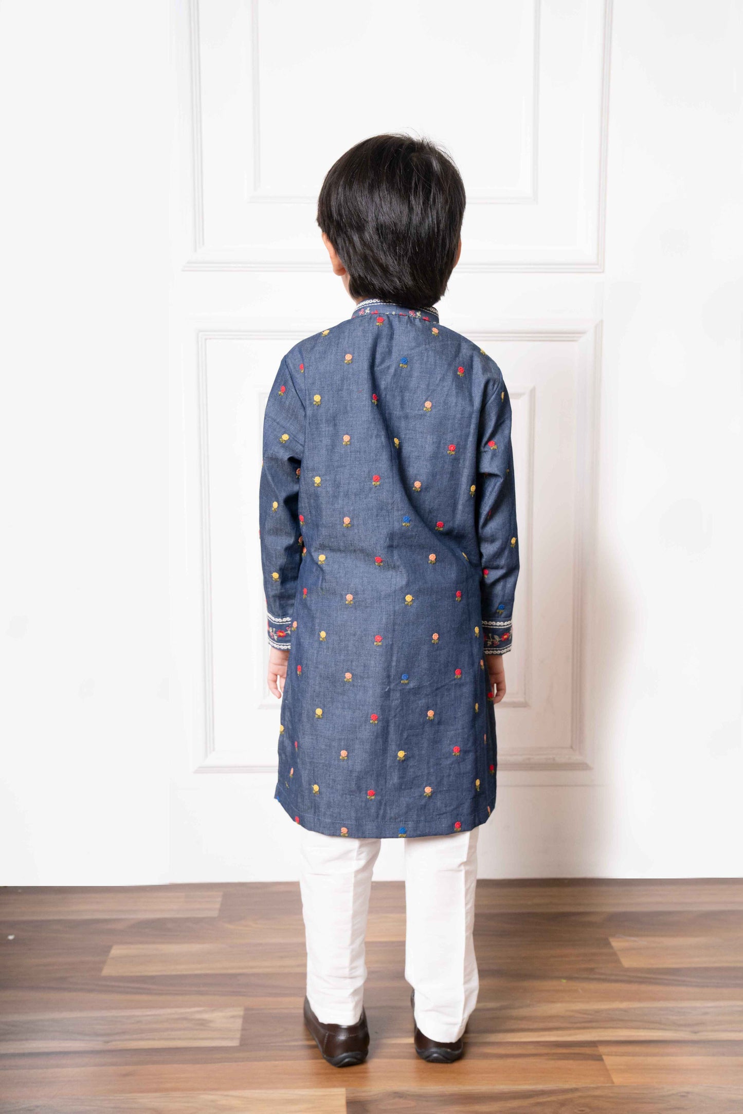 Denim Blue Embroidered Kurta with White Pants