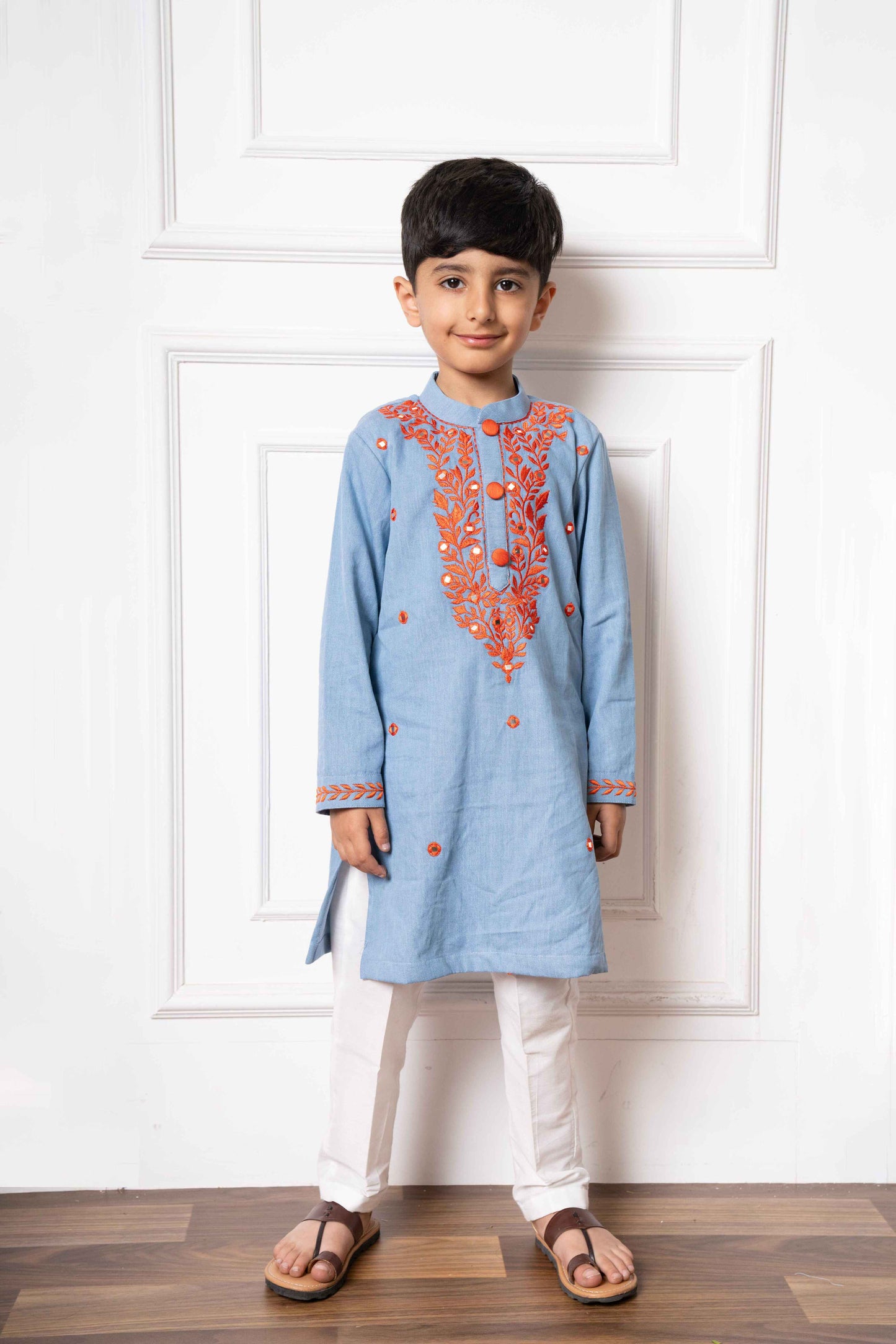 Sky Blue Soft Denim Kurta with Embroidery and White Pants