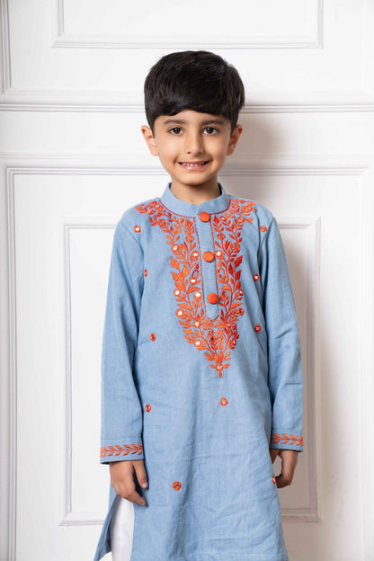 Sky Blue Soft Denim Kurta with Embroidery and White Pants