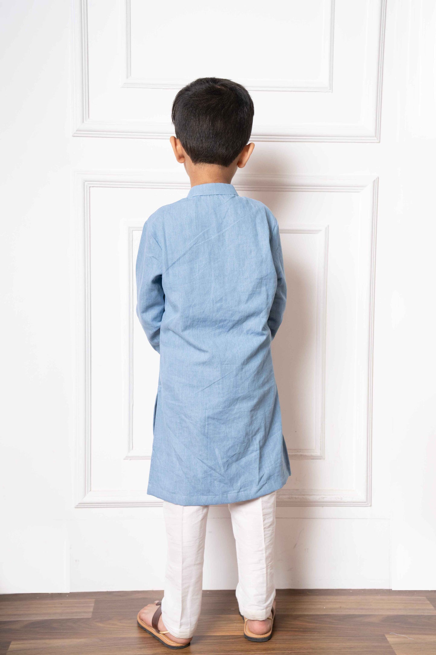 Sky Blue Soft Denim Kurta with Embroidery and White Pants