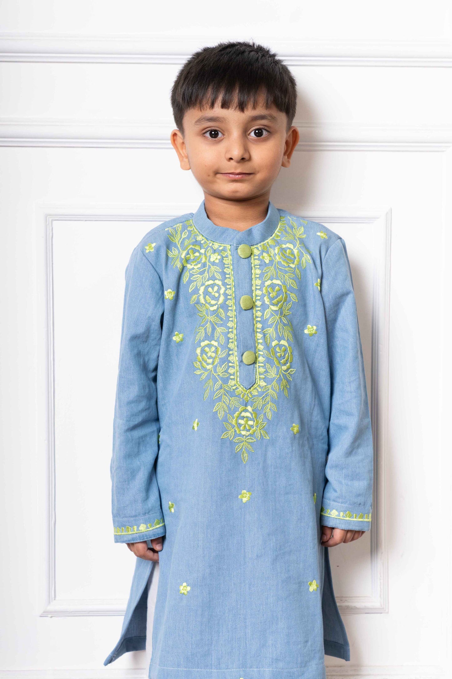 Light Blue Soft Denim Kurta with Embroidery and White Pants