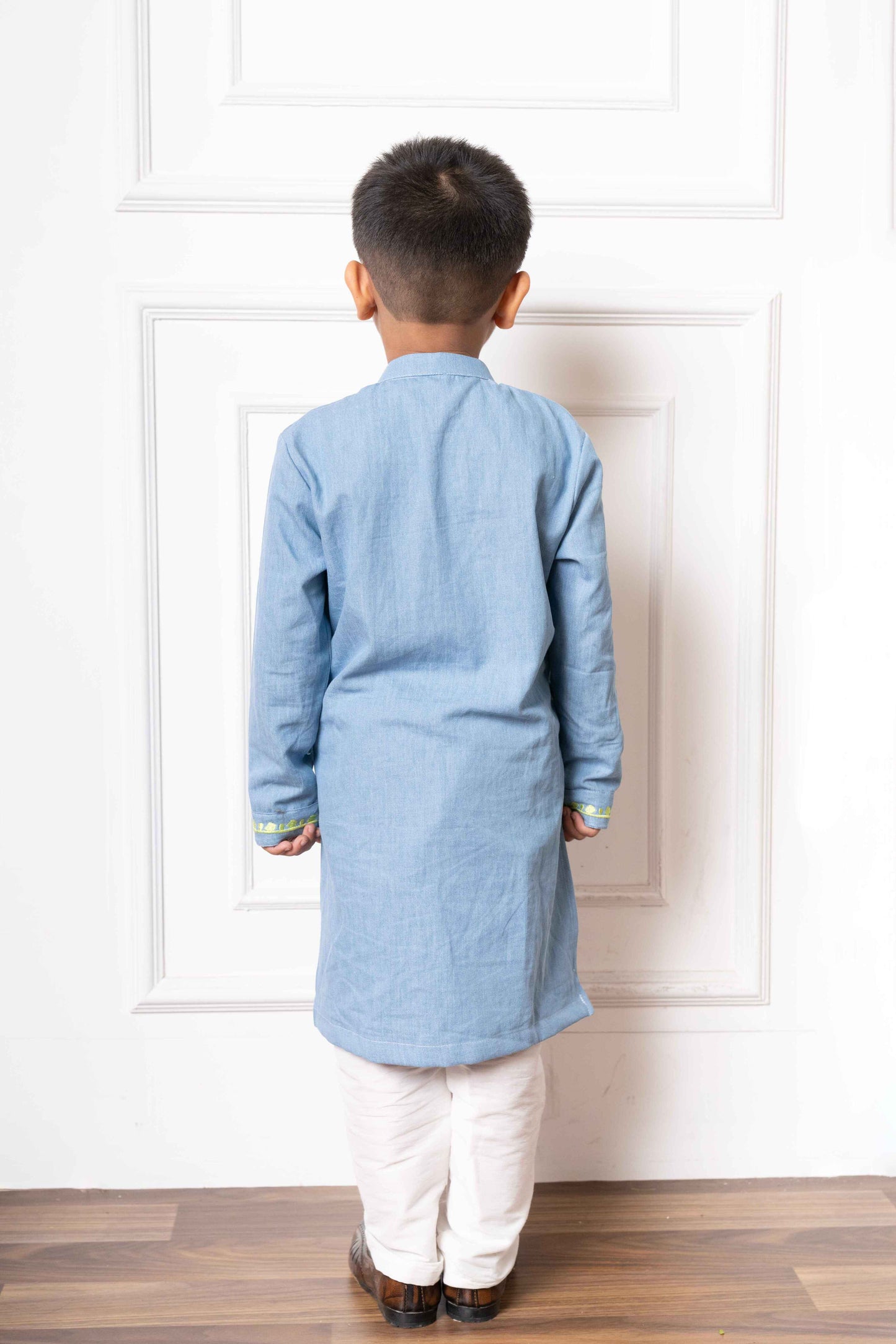 Light Blue Soft Denim Kurta with Embroidery and White Pants