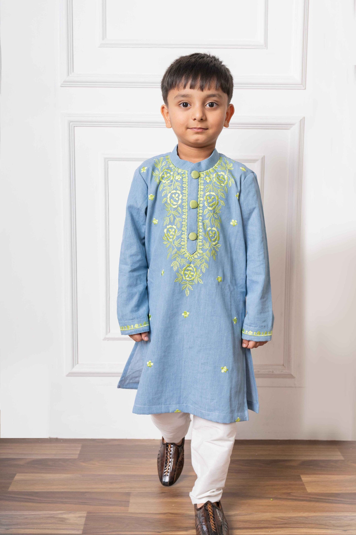 Light Blue Soft Denim Kurta with Embroidery and White Pants