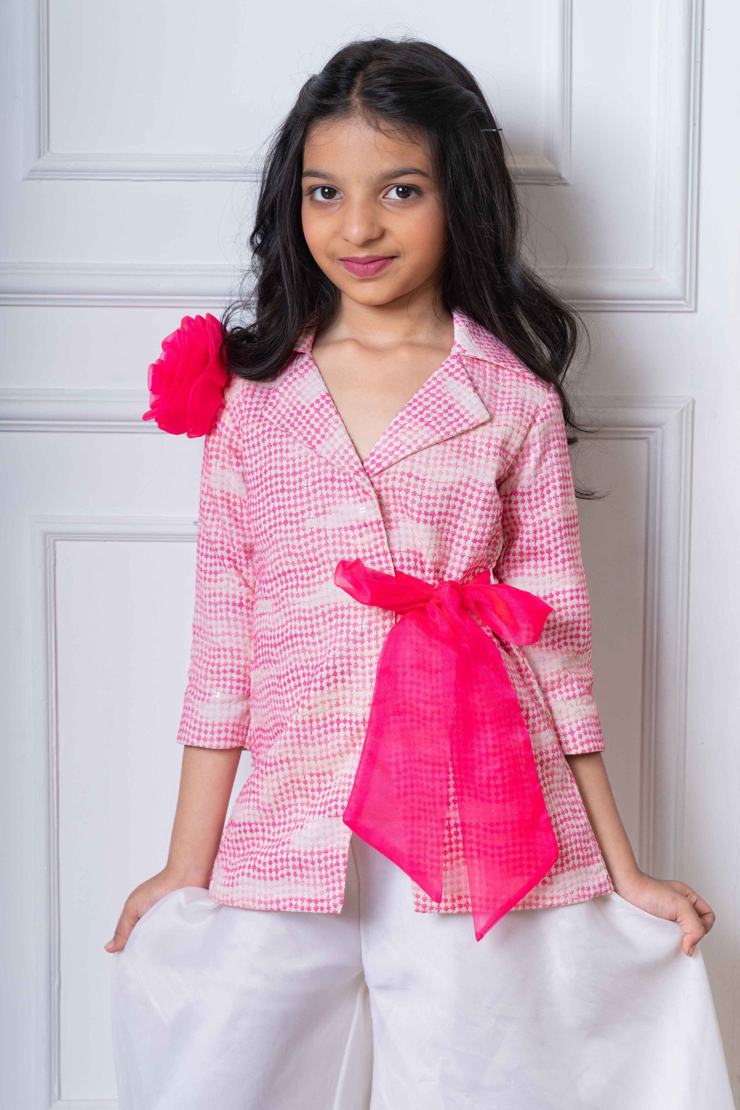 Trendy Pink Blazer Jacket with Bow Belt and White Palazzo Set – Perfect for Parties, Celebrations, and Modern Festive Wear