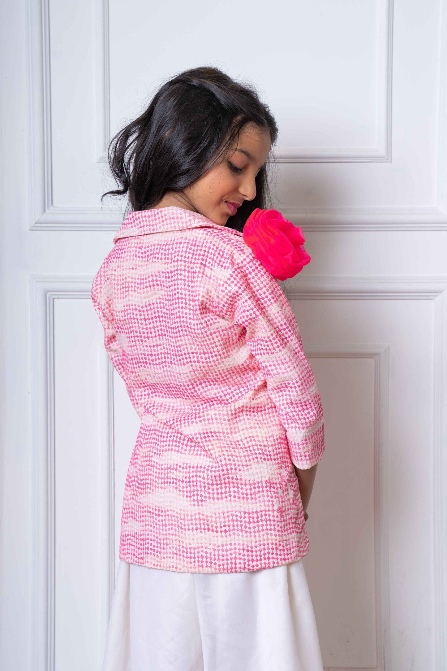Trendy Pink Blazer Jacket with Bow Belt and White Palazzo Set – Perfect for Parties, Celebrations, and Modern Festive Wear