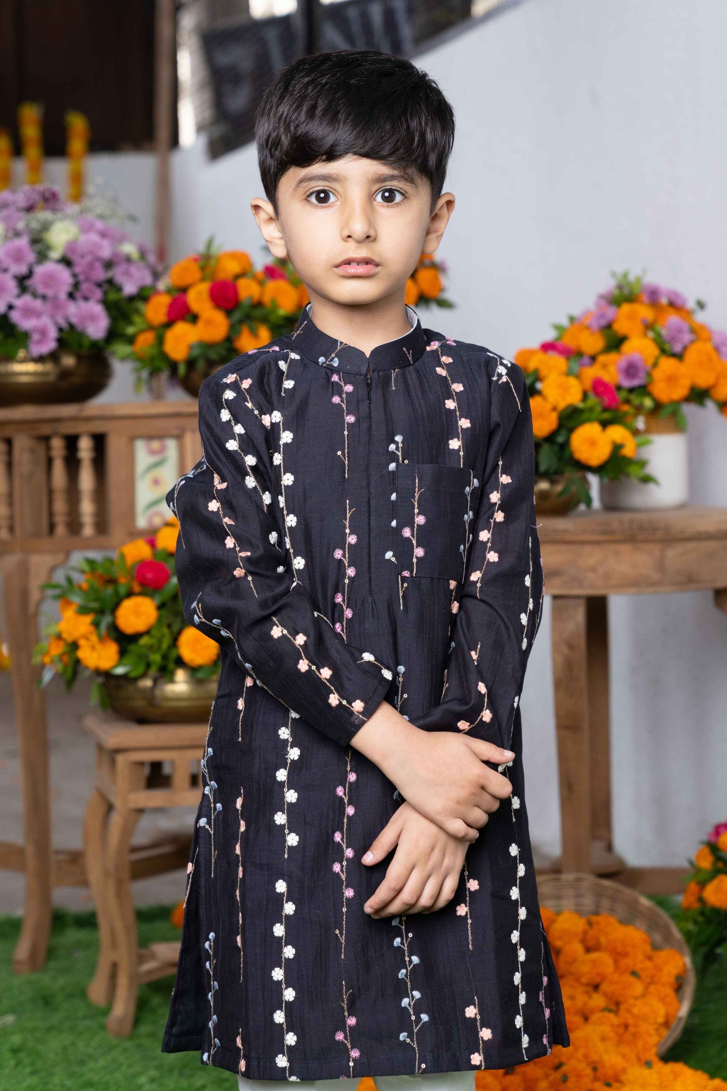 Black Embroidered Silk Kurta with White Pants