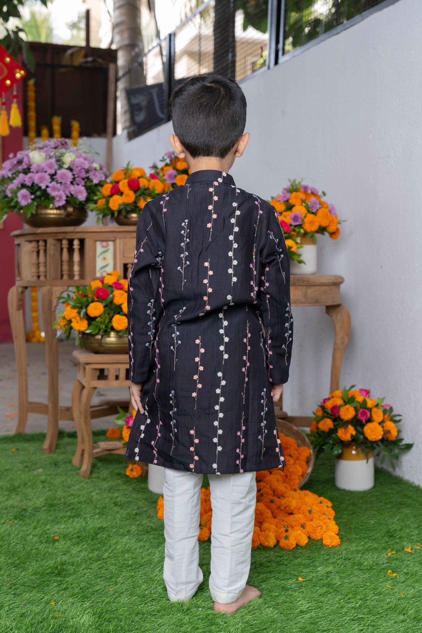 Black Embroidered Silk Kurta with White Pants