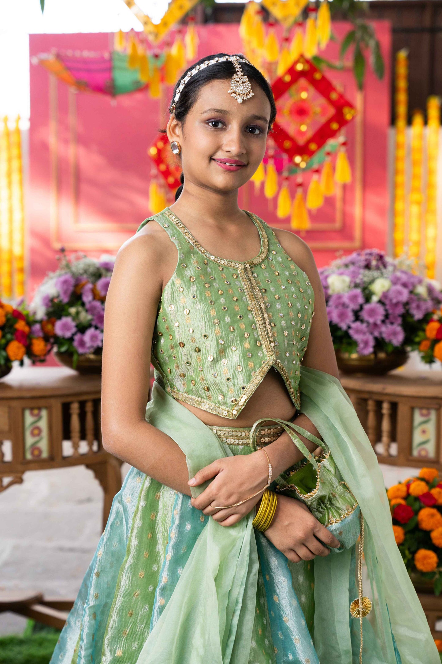 Pastel Green Tissue Silk Embroidered Lehenga Set For Girls