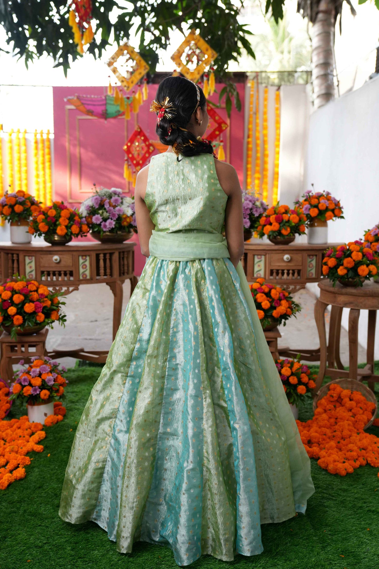 Pastel Green Tissue Silk Embroidered Lehenga Set For Girls