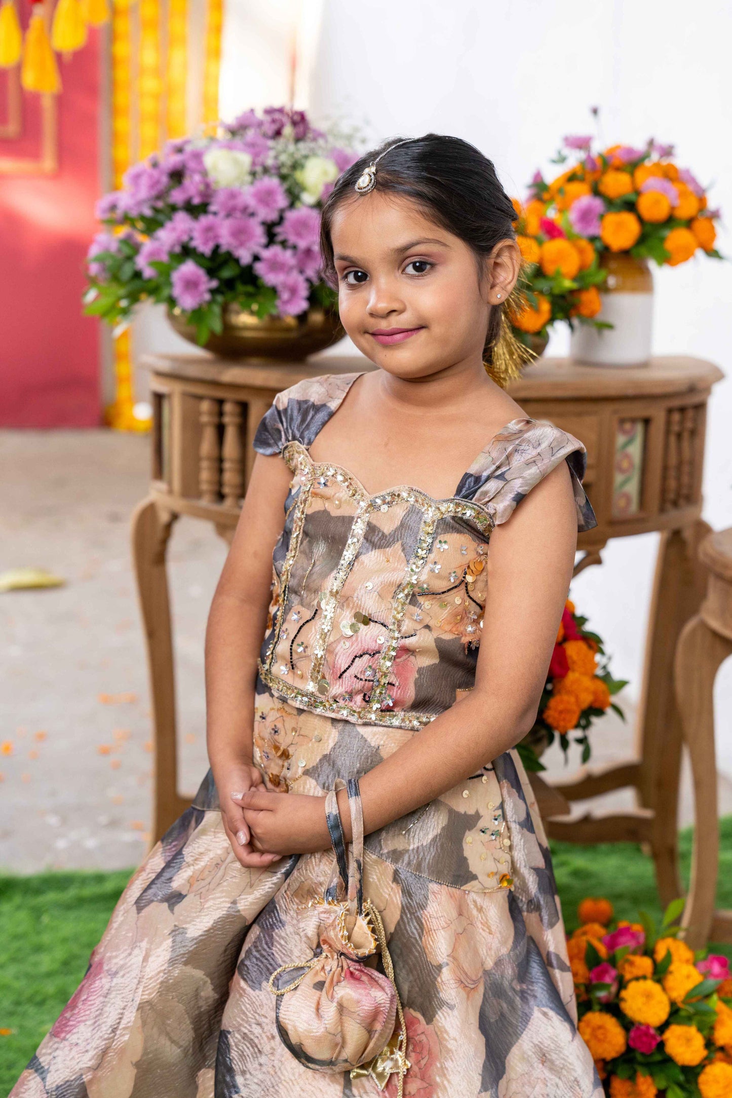Grey & Beige Tissue Silk Embroidered Floral Pastel Printed Lehenga Set For Girls