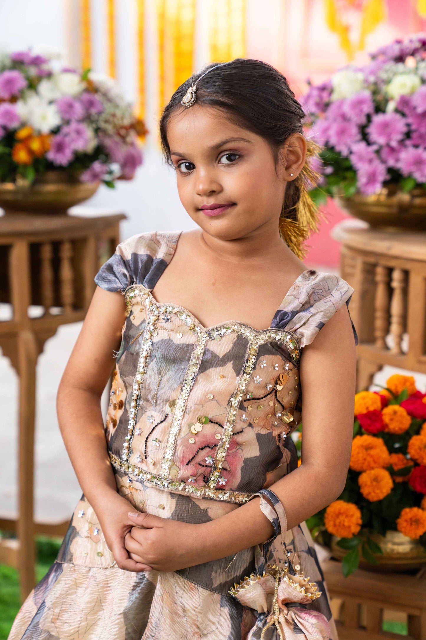 Grey & Beige Tissue Silk Embroidered Floral Pastel Printed Lehenga Set For Girls