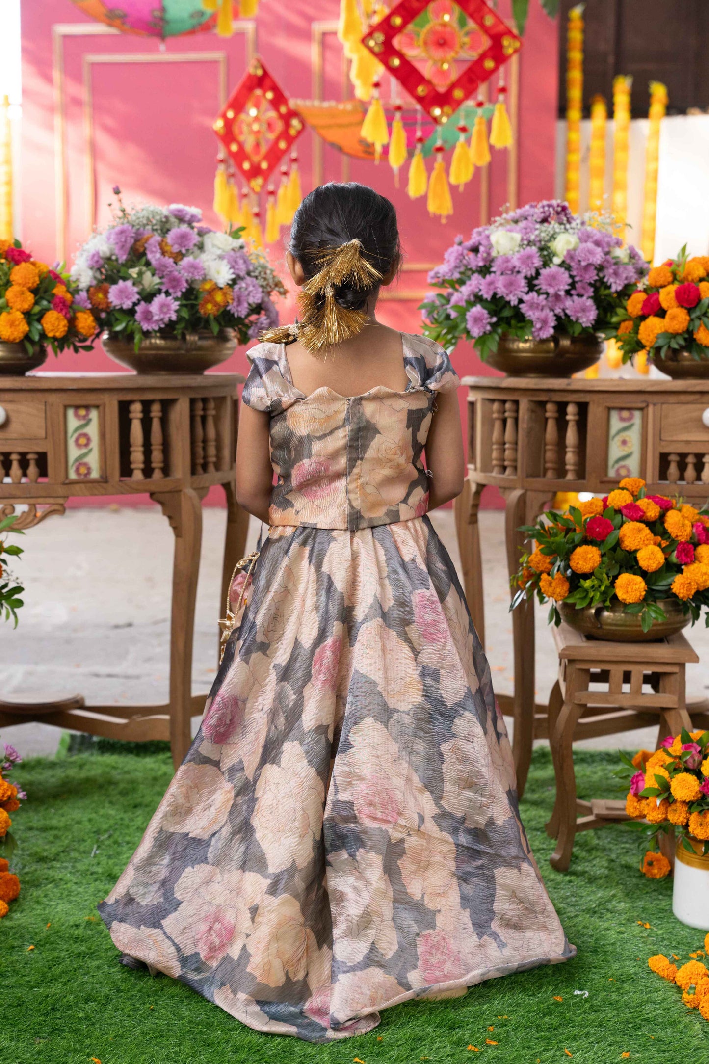 Grey & Beige Tissue Silk Embroidered Floral Pastel Printed Lehenga Set For Girls