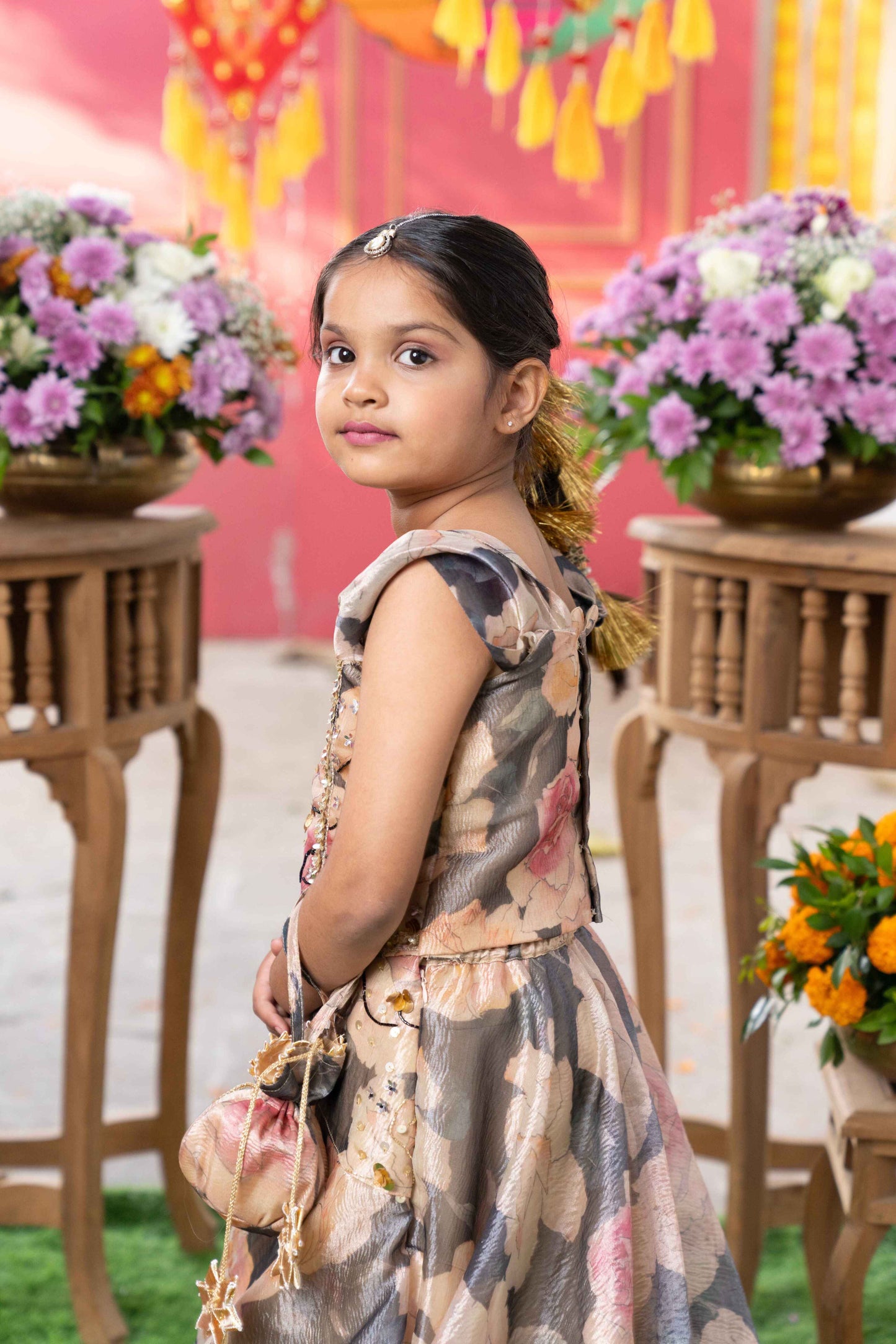Grey & Beige Tissue Silk Embroidered Floral Pastel Printed Lehenga Set For Girls