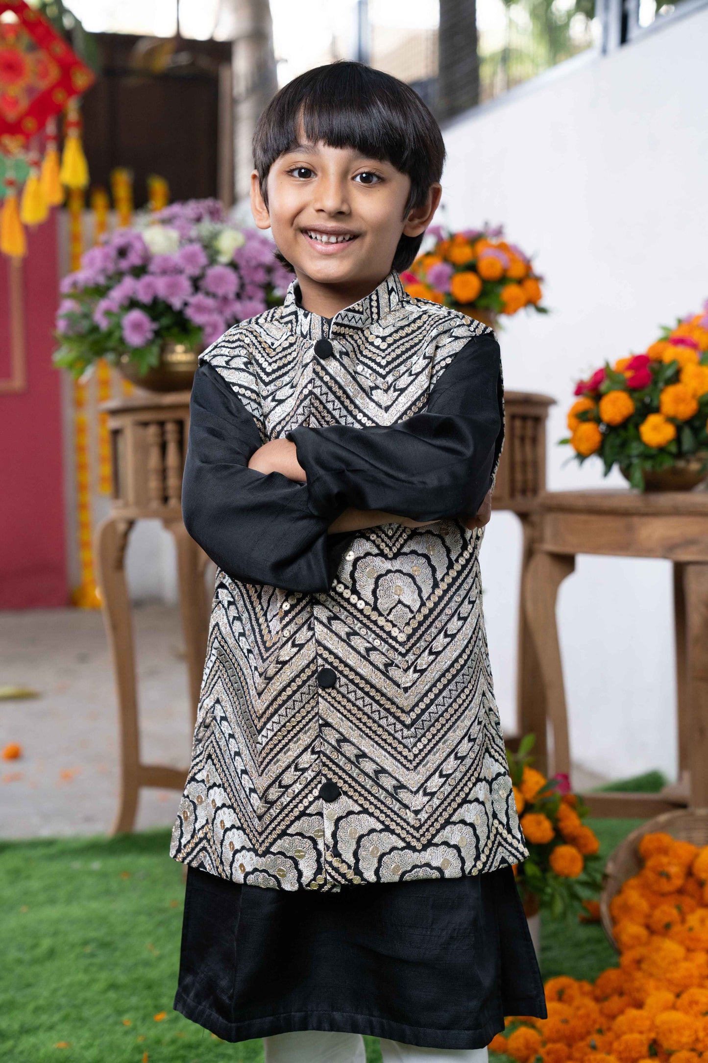 Black Silk Kurta with Embroidered Nehru Jacket and White Pants