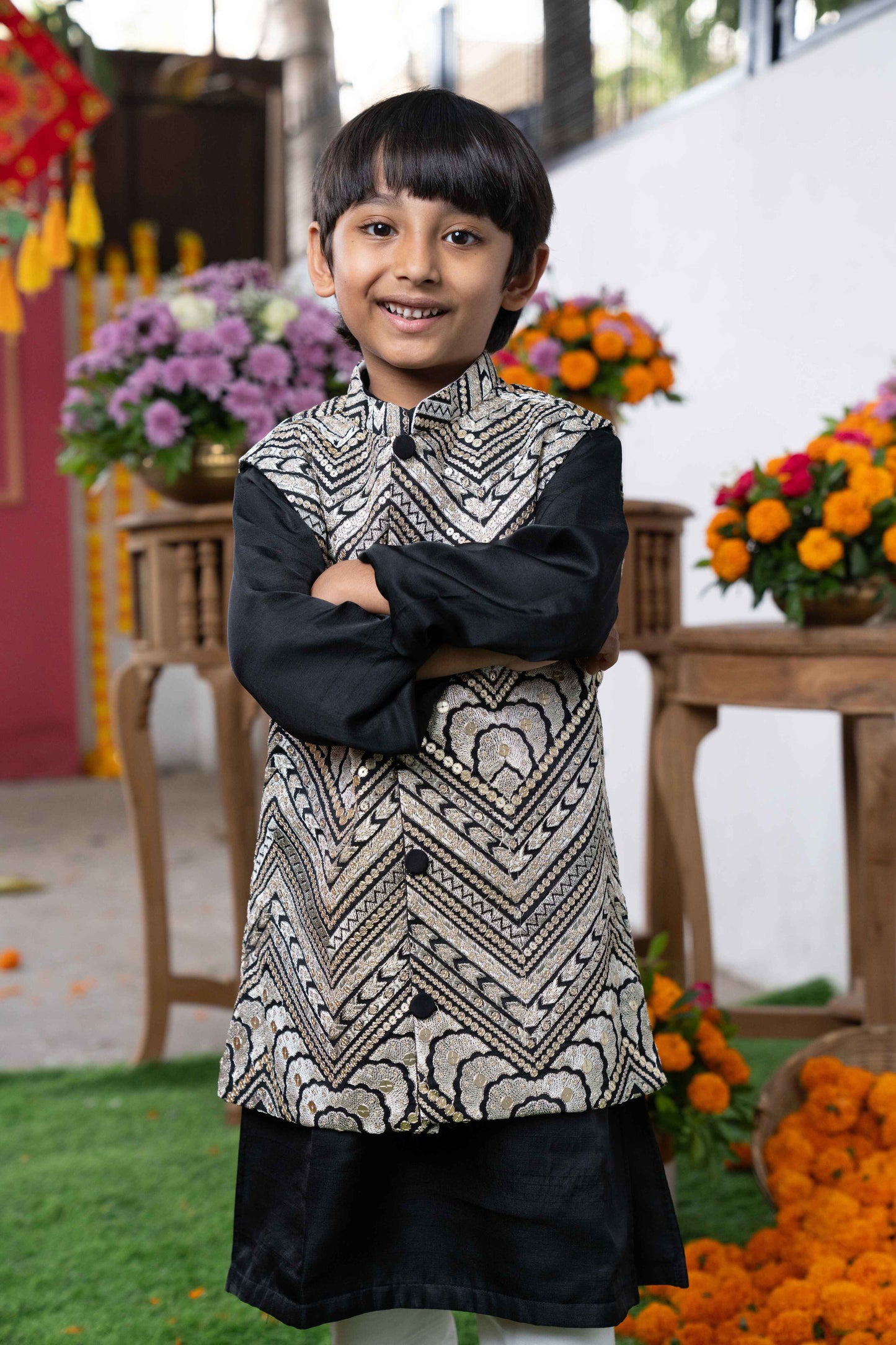 Black Silk Kurta with Embroidered Nehru Jacket and White Pants