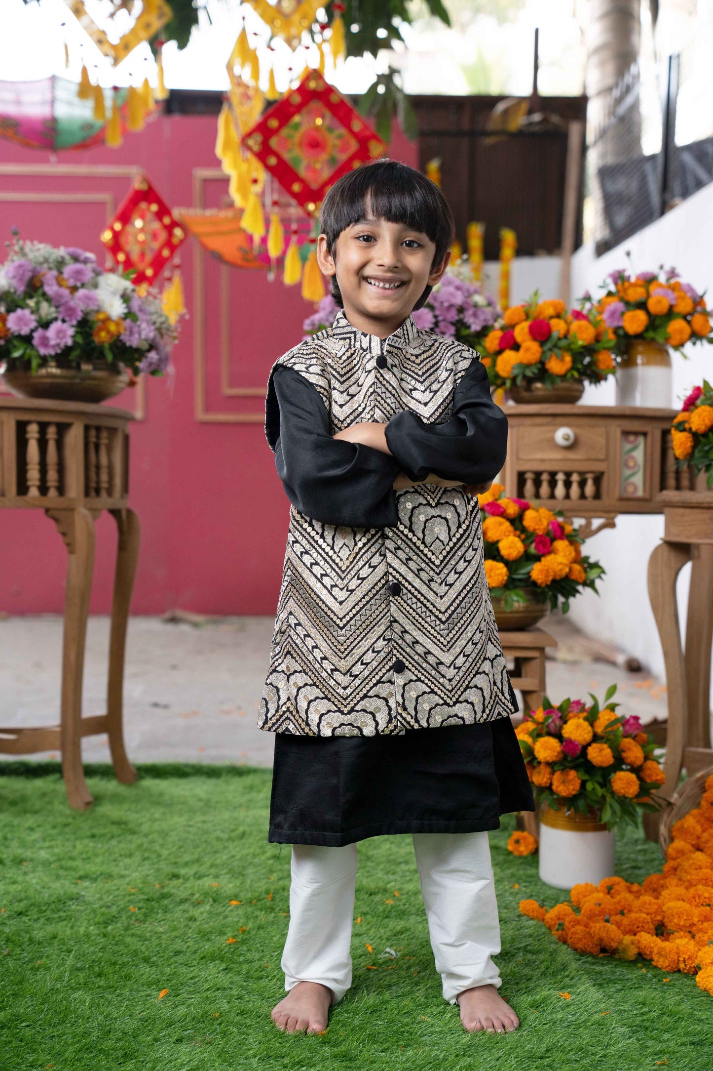 Black Silk Kurta with Embroidered Nehru Jacket and White Pants