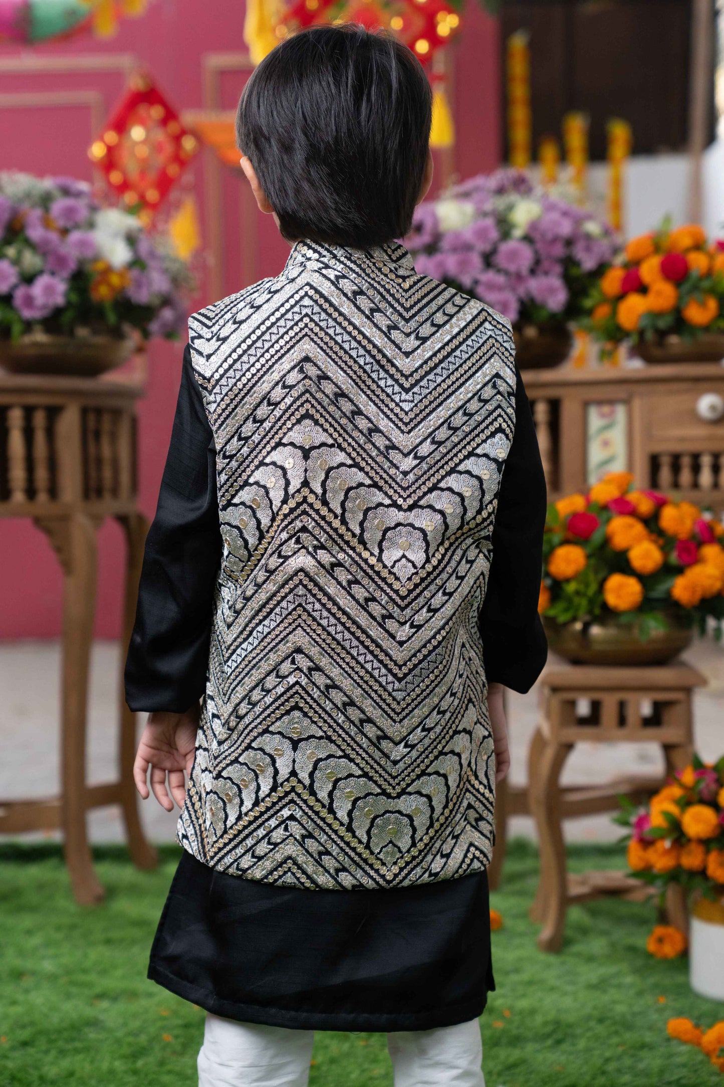 Black Silk Kurta with Embroidered Nehru Jacket and White Pants