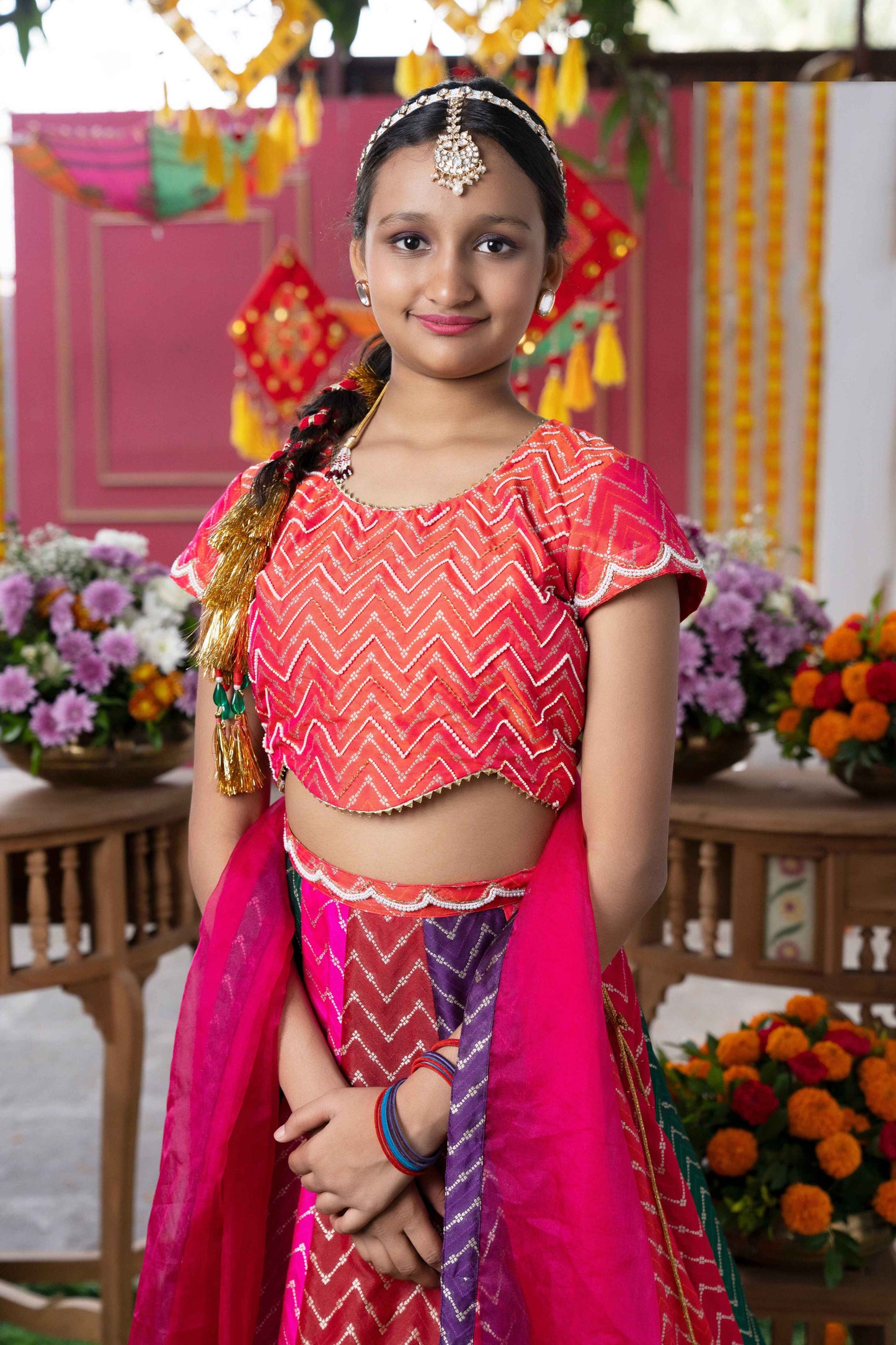 Multi Color Silk & Organza Beads Embroidered Lehenga Set For Girls
