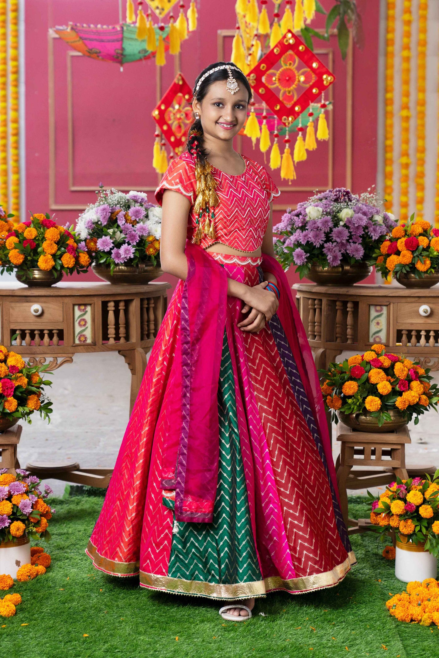 Multi Color Silk & Organza Beads Embroidered Lehenga Set For Girls