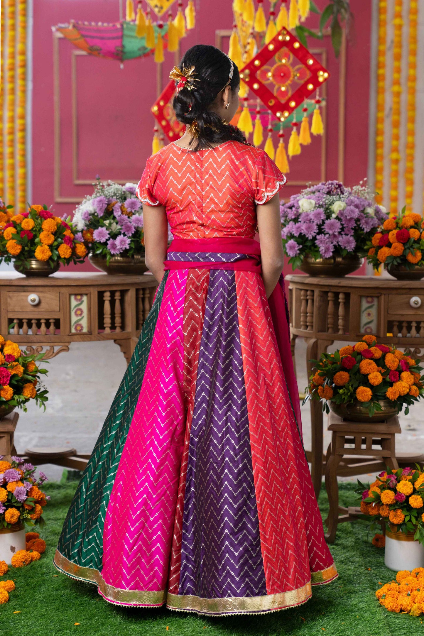 Multi Color Silk & Organza Beads Embroidered Lehenga Set For Girls