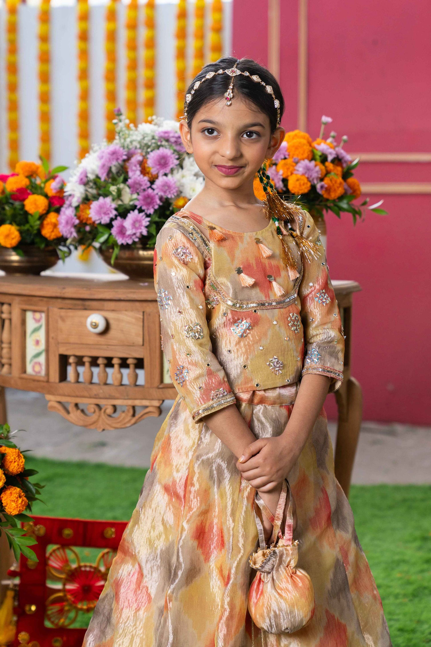 Orange & Mustard Yellow Tissue Silk Lehenga Set for Girls
