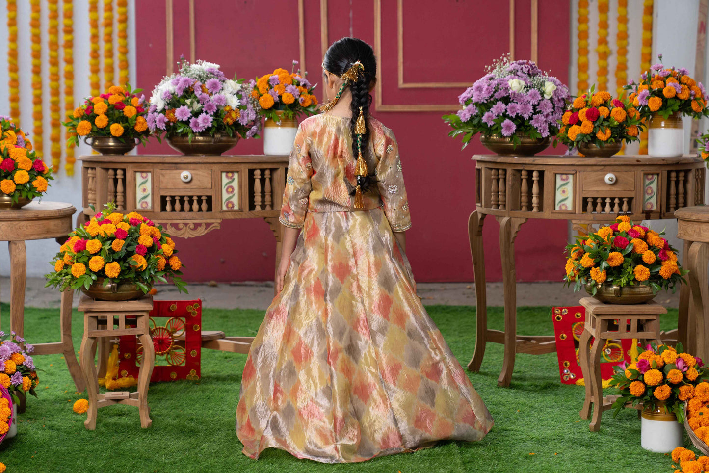 Orange & Mustard Yellow Tissue Silk Lehenga Set for Girls