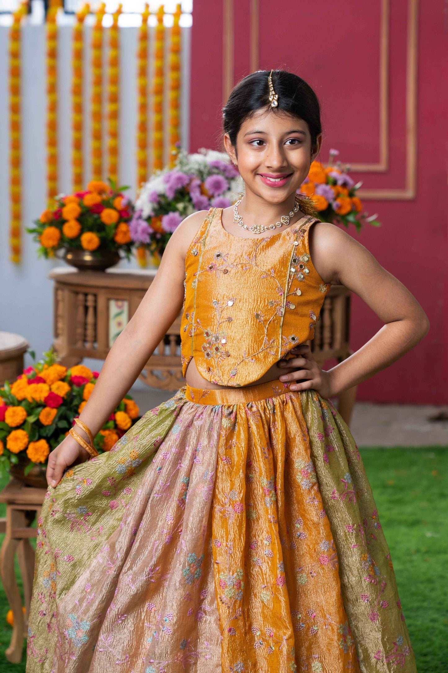 Mustard Gold Tissue Silk Embroidered Lehenga Set For Girls