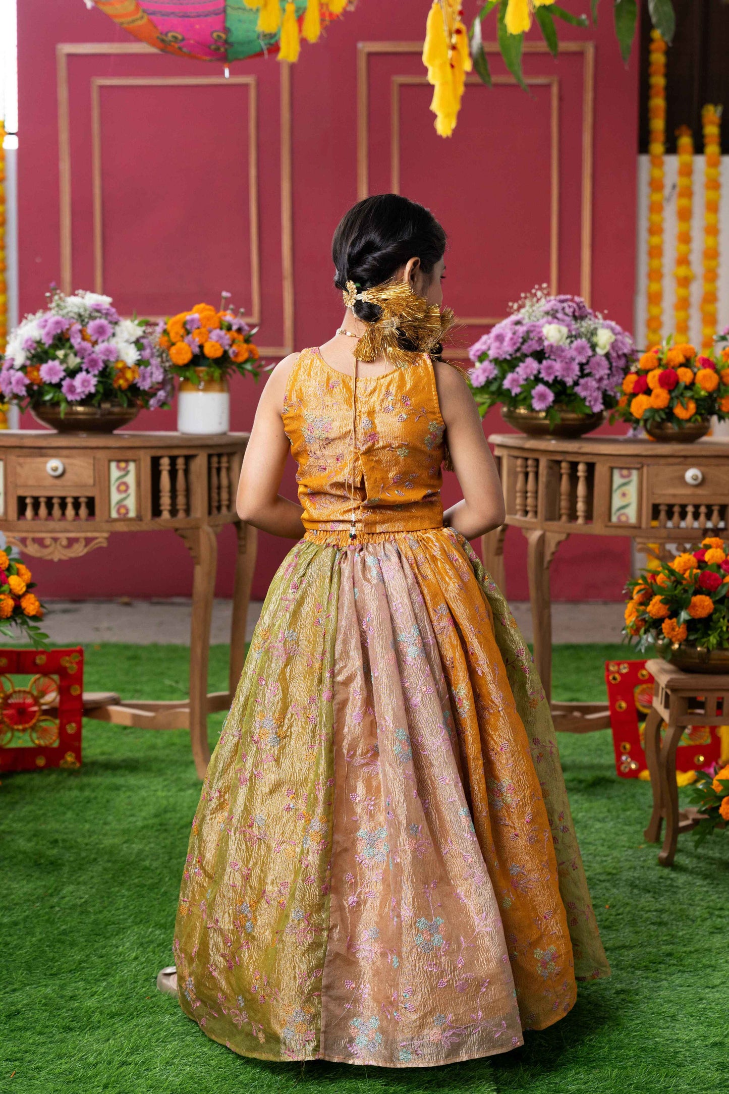 Mustard Gold Tissue Silk Embroidered Lehenga Set For Girls