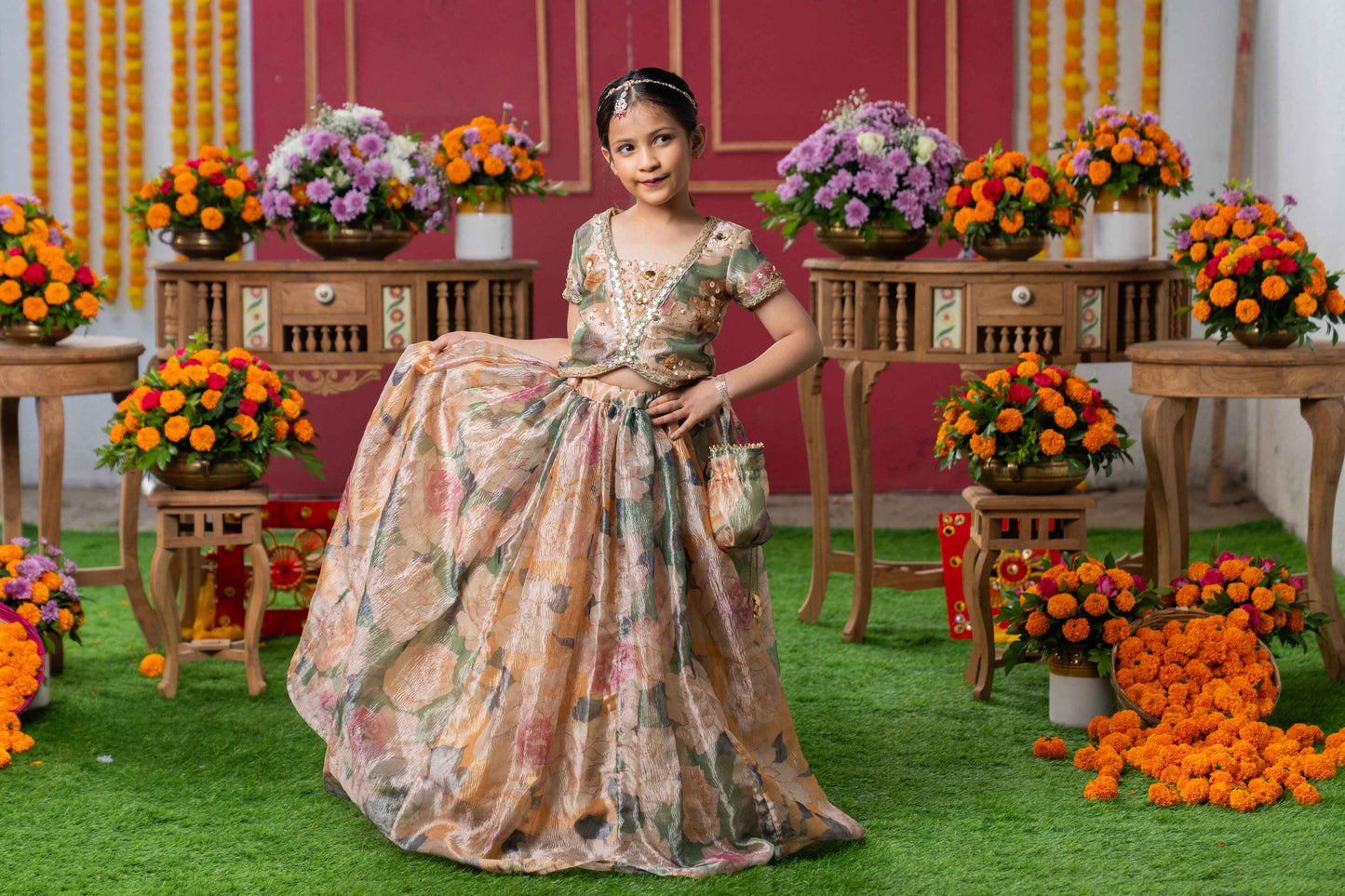 Multi-Colored Tissue Silk Floral Lehenga Set For Girls