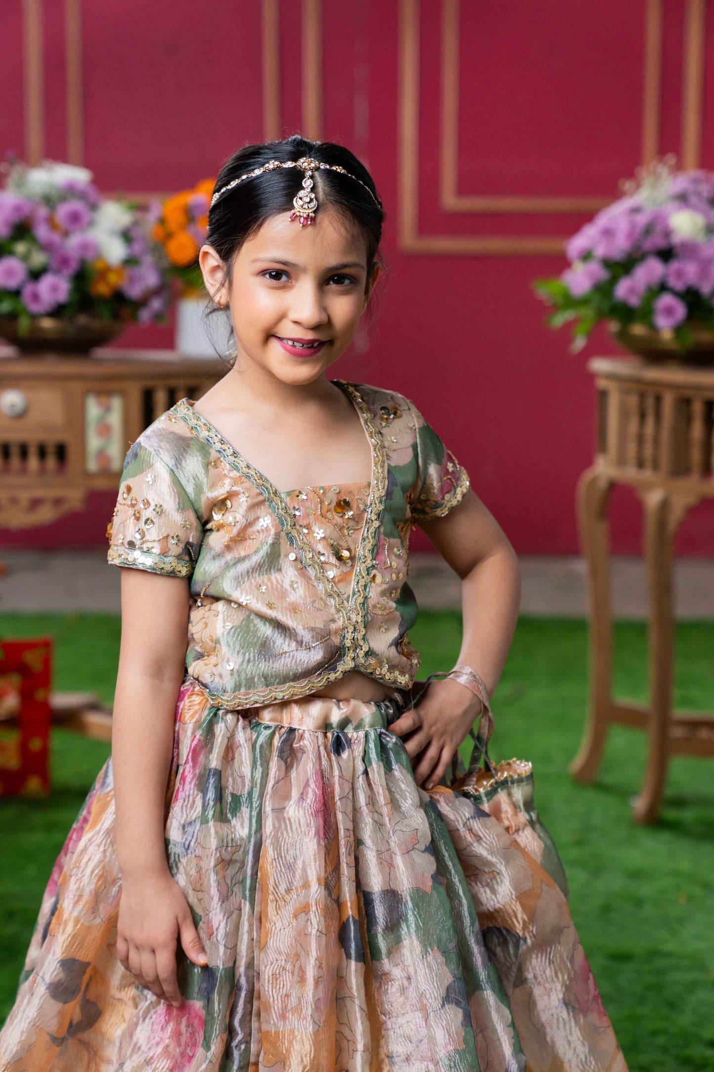 Multi-Colored Tissue Silk Floral Lehenga Set For Girls