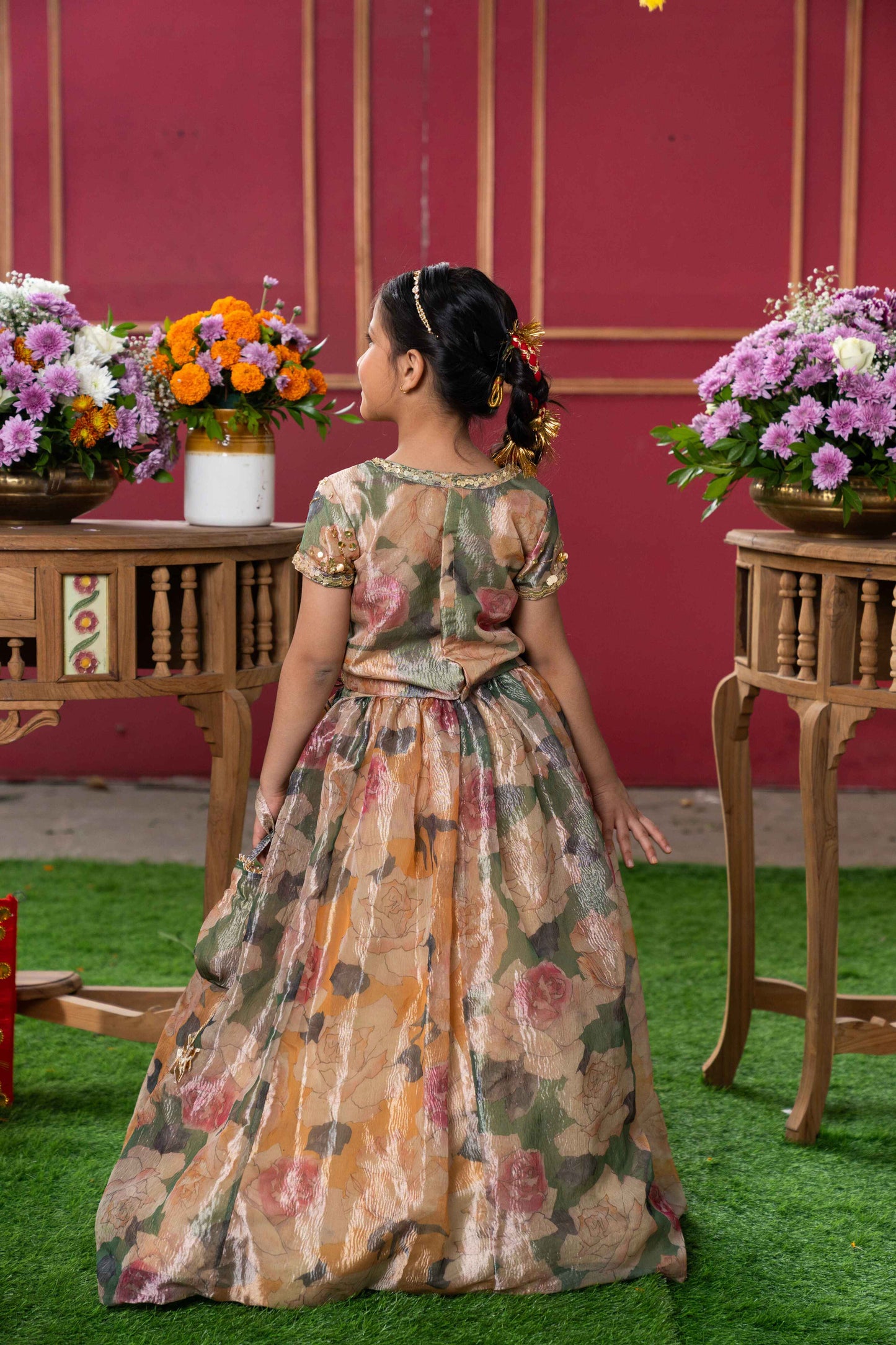 Multi-Colored Tissue Silk Floral Lehenga Set For Girls