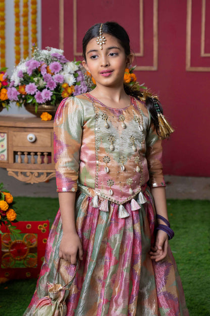 Shimmering Pastel Embroidered Top and Lehenga Set with Matching Potli Bag – Perfect for Weddings, Parties, and Festive Occasions