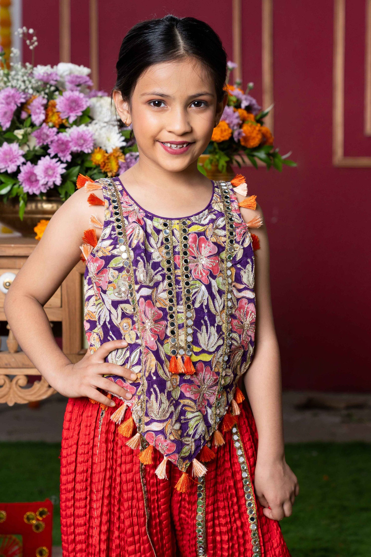 Vibrant Embroidered Kurti with Tassels and Red Mirror Work Sharara Pants – Perfect for Weddings, Festivals, and Parties