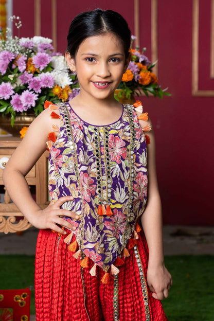 Vibrant Embroidered Kurti with Tassels and Red Mirror Work Sharara Pants – Perfect for Weddings, Festivals, and Parties