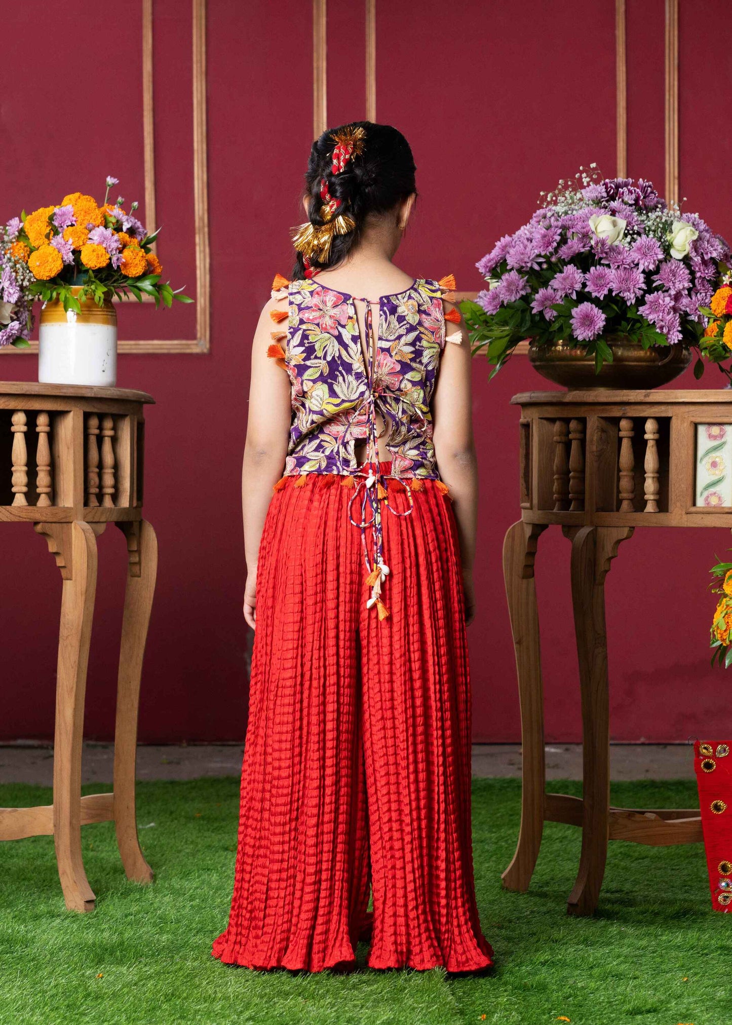 Vibrant Embroidered Kurti with Tassels and Red Mirror Work Sharara Pants – Perfect for Weddings, Festivals, and Parties