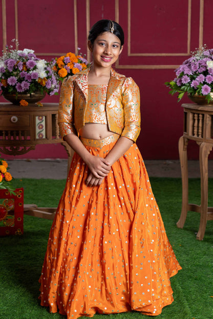Orange Brocade Jacket Style Top And Lehenga