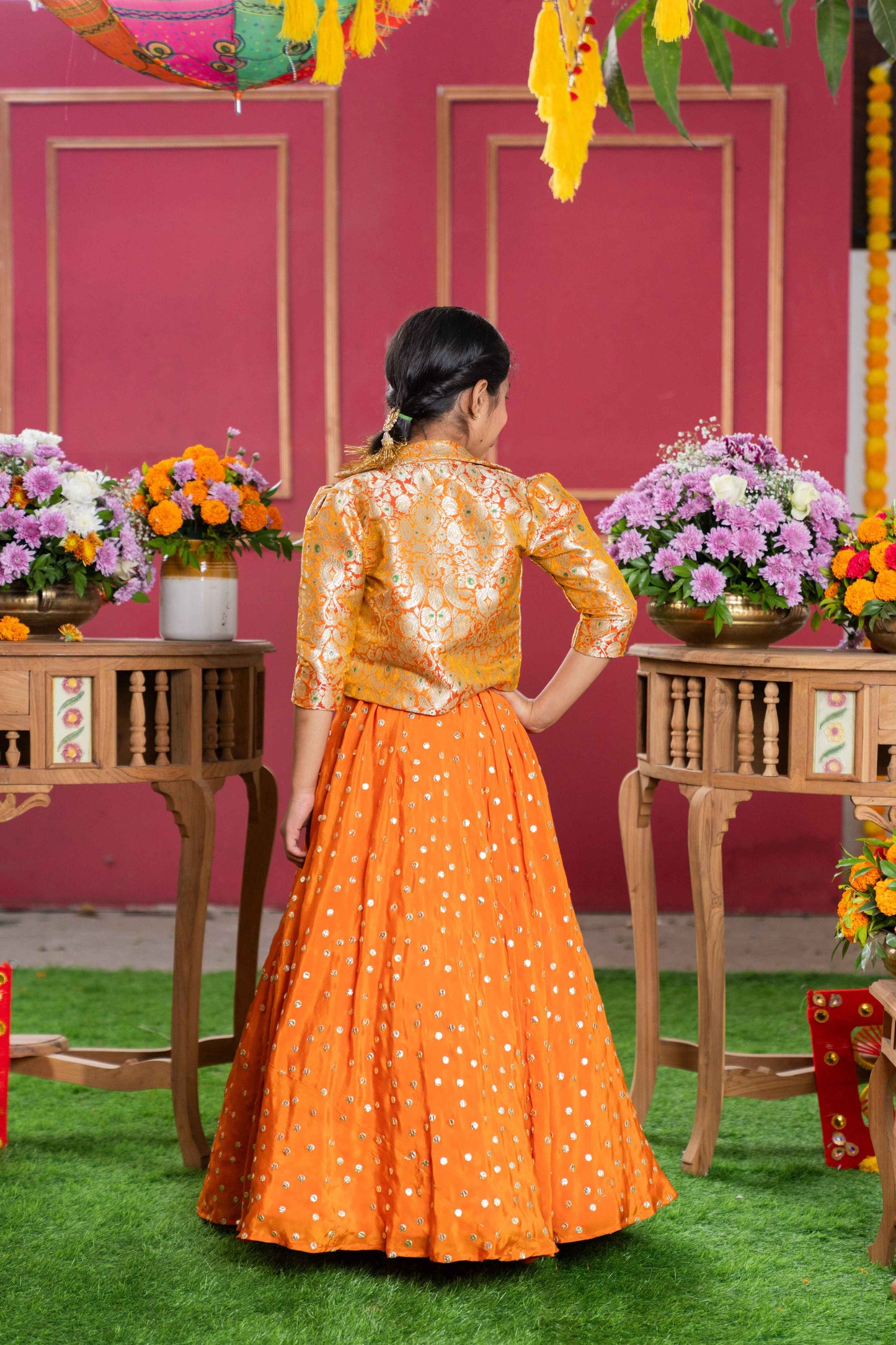 Orange Brocade Jacket Style Top And Lehenga