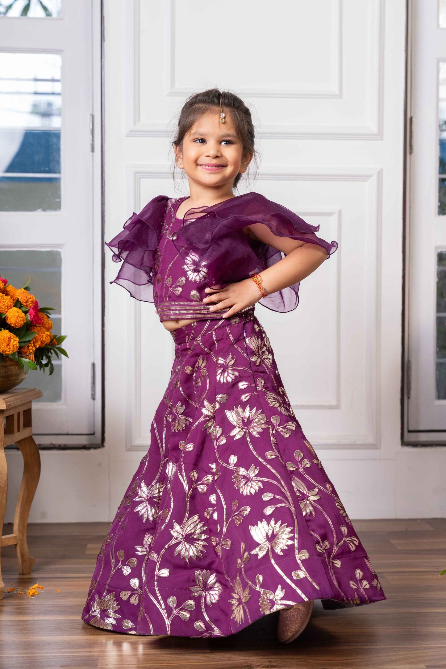 Purple Organza Gota Embroidered Lehenga Set For Girls